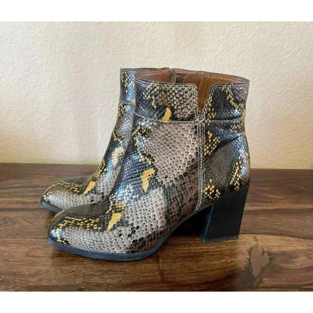 Franco Sarto Size 7M Generous Leather Snake Print Block women Heel Bootie
